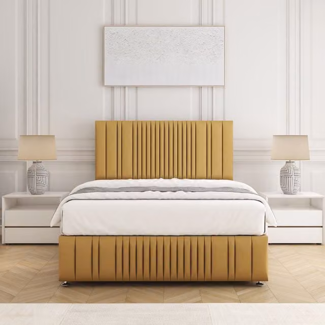 BSSPOKE Rosie Plush Velvet Divan Bed Set with 24 inch Headboard and Mattress in Yellow, W/D/H: 140 x 200 cm