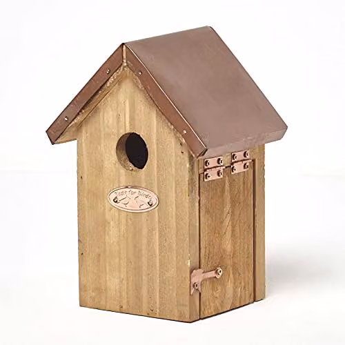 Homescapes Real Wood Bird House with Copper Roof in Brown, H 20.1 cm x W 14.2 cm x D 11.3 cm – 1