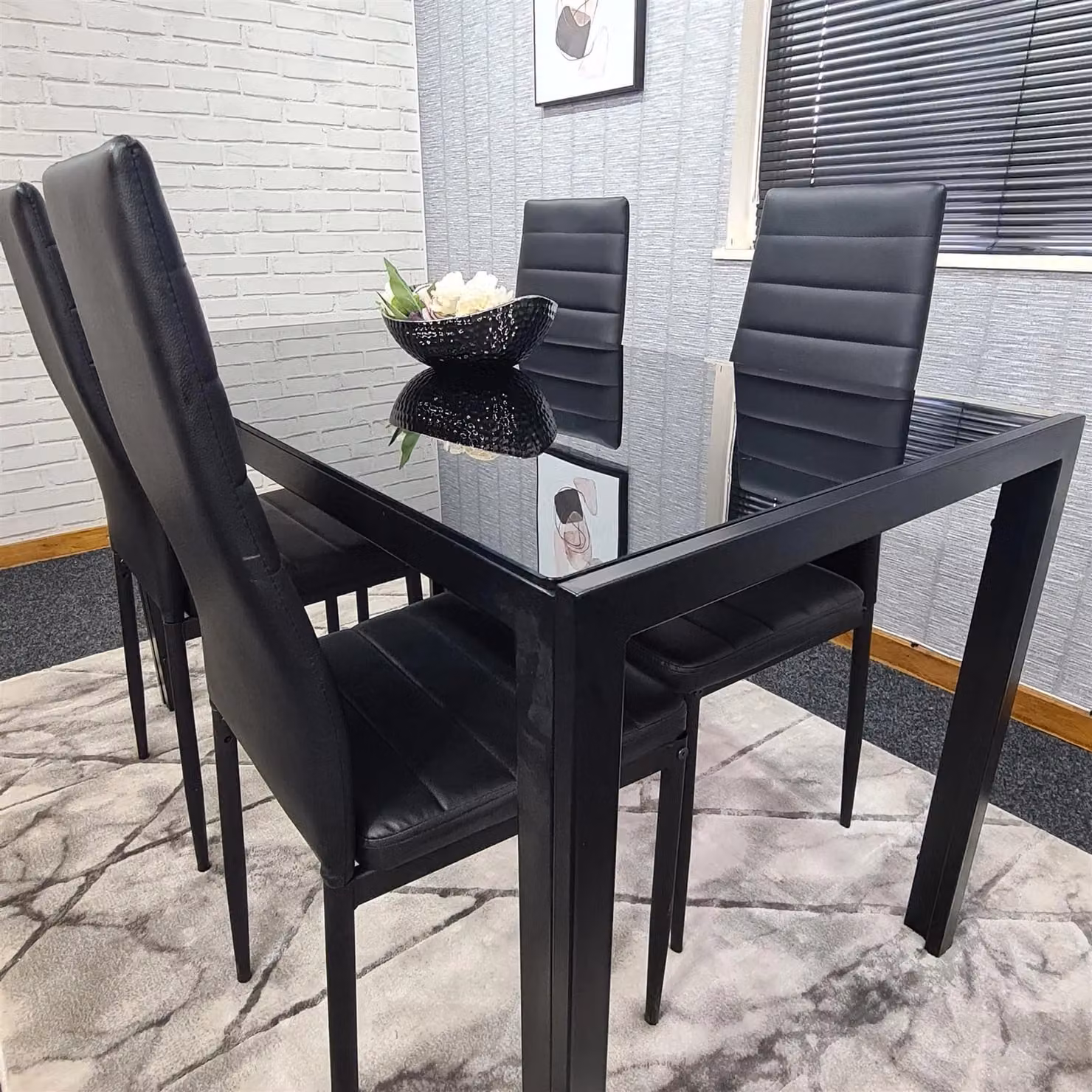 Kosy Koala Modern Dining Set with Rectangular Black Glass Table and 4 Black Chairs in Brown – 4