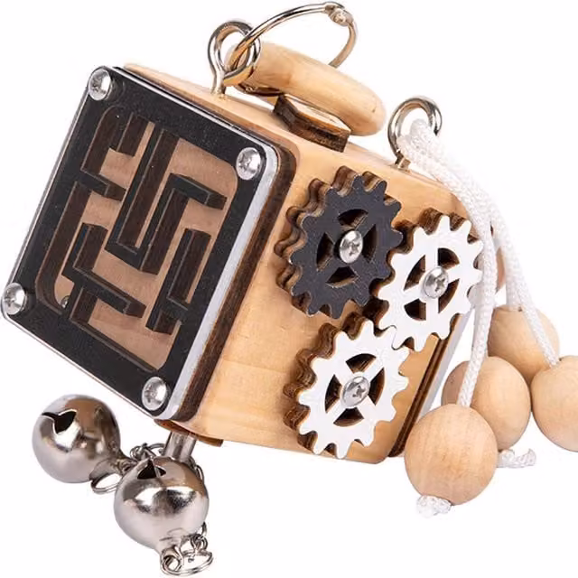 Dyzi Montessori Busy Cube Sensory Wooden Activity Toy in Beige and Multicolour
