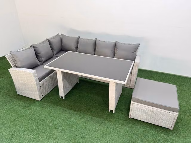 Fimous 7 Seater Wicker Rattan Corner Sofa Set with Large Footstool in Light Grey