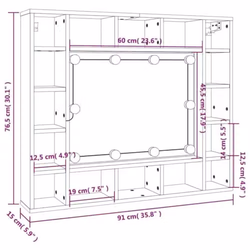 vidaXL Modern Mirror Cabinet with LED Lighting in Smoked Oak, W/D/H: 91 x 15 x 76.5 cm – 3