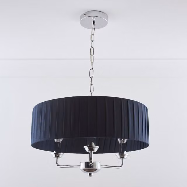 K LIVING Giulia 3 Light Chrome Chandelier with Navy Blue Fabric Shades
