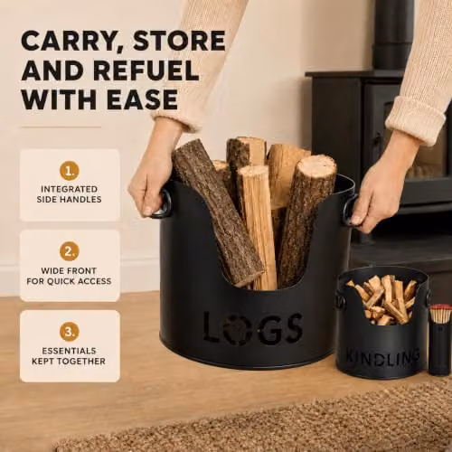 Almineez 3-Piece Black Metal Fireside Storage Set with Log Holder, Kindling Bucket and Matchstick Holder – 3