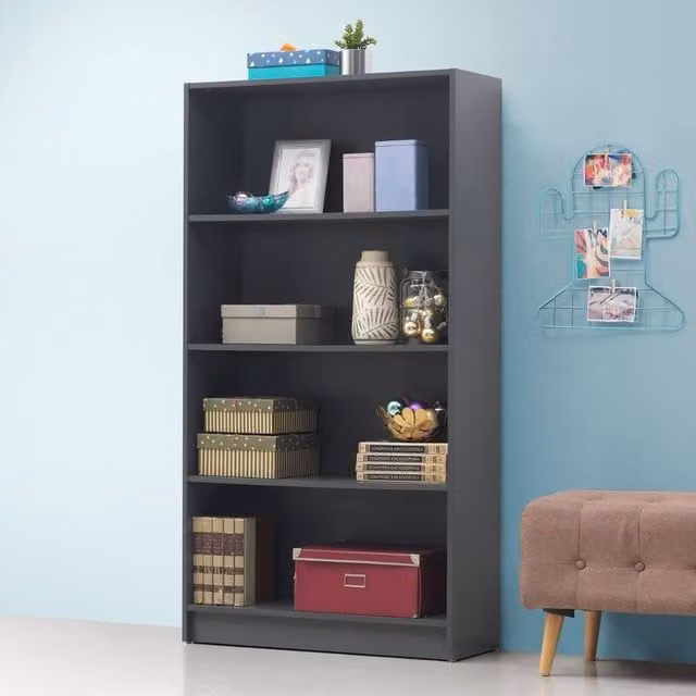 Timber Art Design 4 Tier Tall Bookcase and Display Shelving Unit in Dark Grey, H 150 x W 80 x D 30 cm