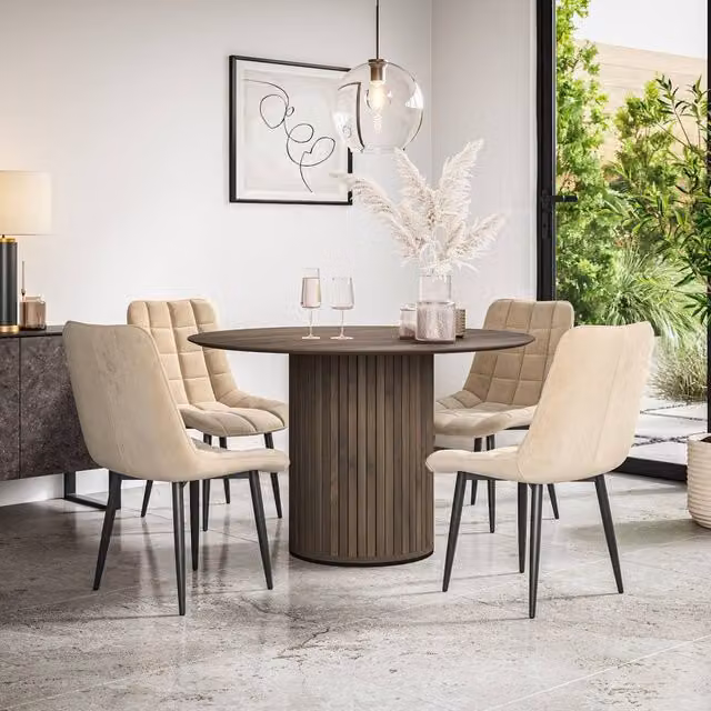 More4Homes Arlo Round Walnut Dining Table and 4 Beige Nova Velvet Dining Chairs Set – 1