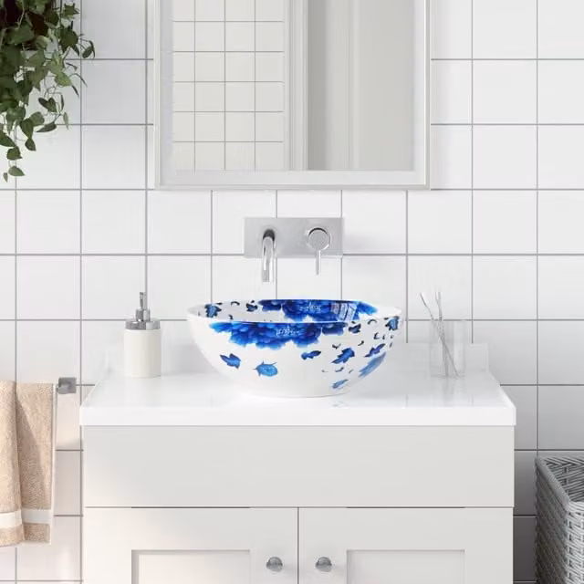 Berkfield Home Round Ceramic Countertop Basin in White and Blue, Diameter: 41 cm, Height: 14 cm – 1