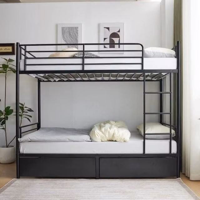 KORVIXA Twin Bunk Bed Frame with Two Storage Drawers, Black Metal Loft Sleeper, 90 x 190 cm – 1