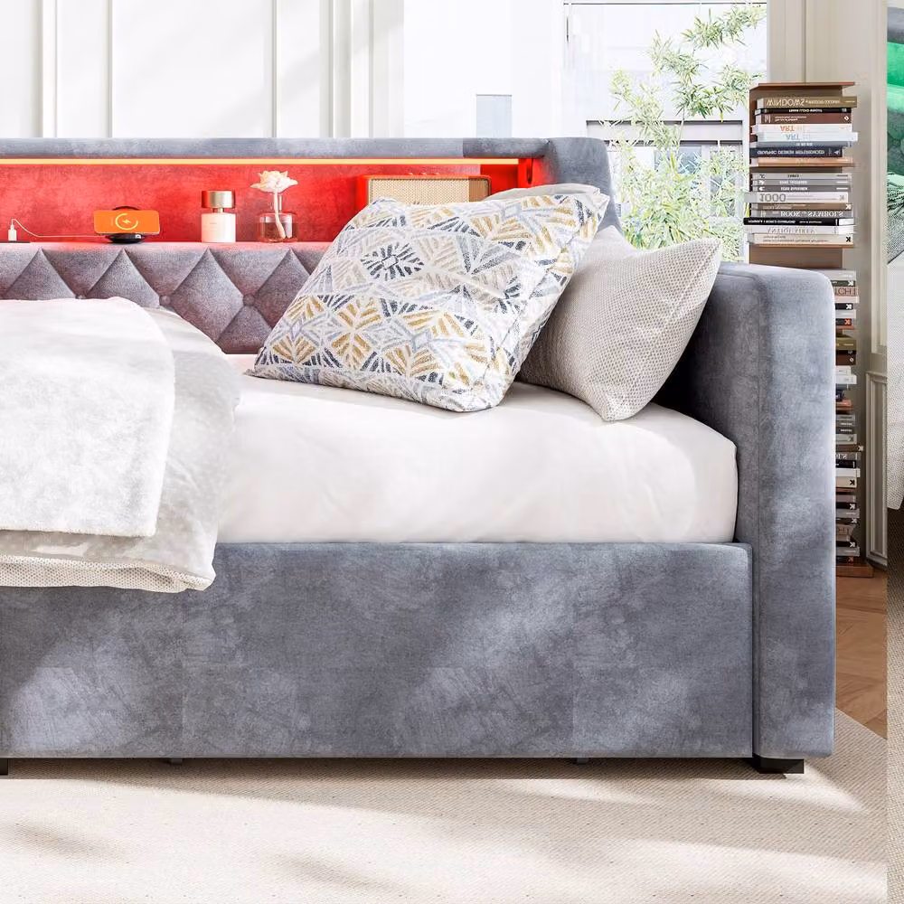 Rolipo Grey Velvet Single Daybed Sofa Bed with Drawers, LED Lighting and USB Charging Port, W/D/H: 90 x 190 cm – 5