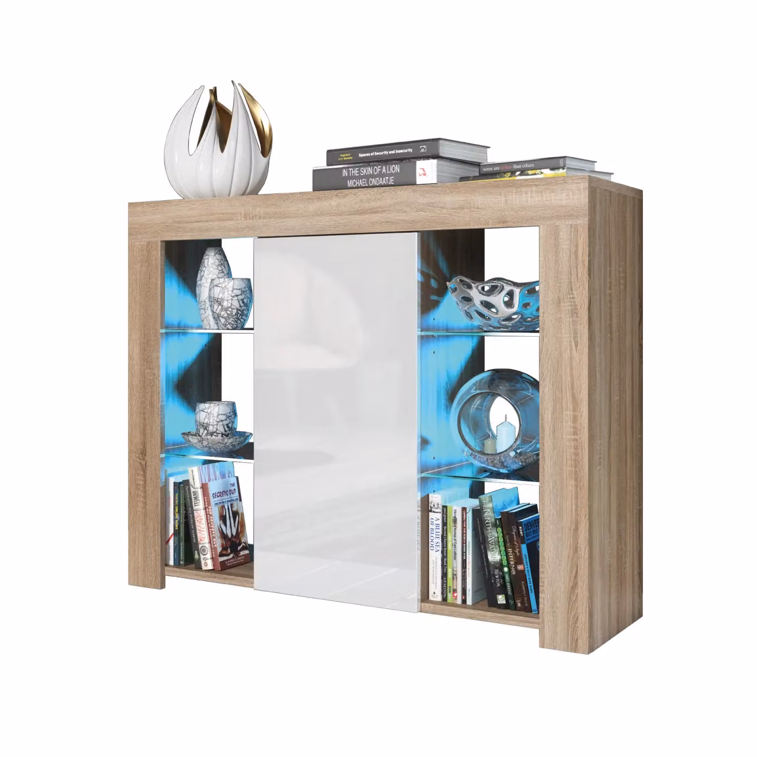 Creative Furniture Harbor Sideboard in Oak with White Gloss Doors and Integrated Lighting, W: 97 cm, H: 83 cm, D: 35 cm – 3