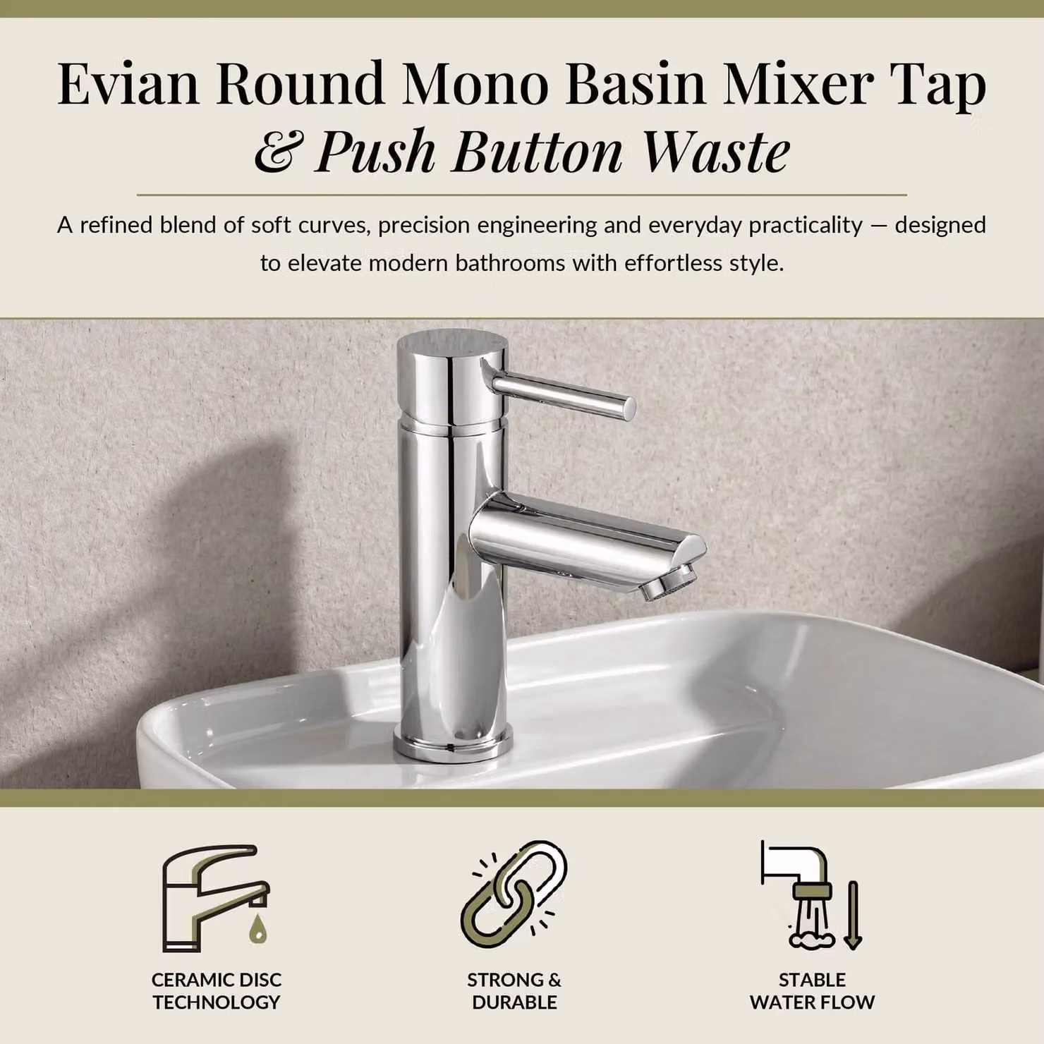 Balterley Evian Minimalist Round Mono Basin Mixer Tap with Push Button Waste, Chrome Silver, H x W x D: 15.0 x 5.2 x 13.1 cm – 2