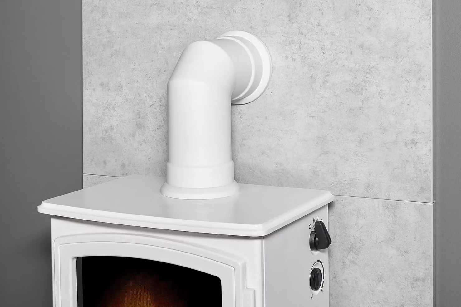 Acantha Fires & Fireplaces Aviemore Electric Stove and Tile & Hearth Set in White Concrete Effect with Angled Pipe – 3
