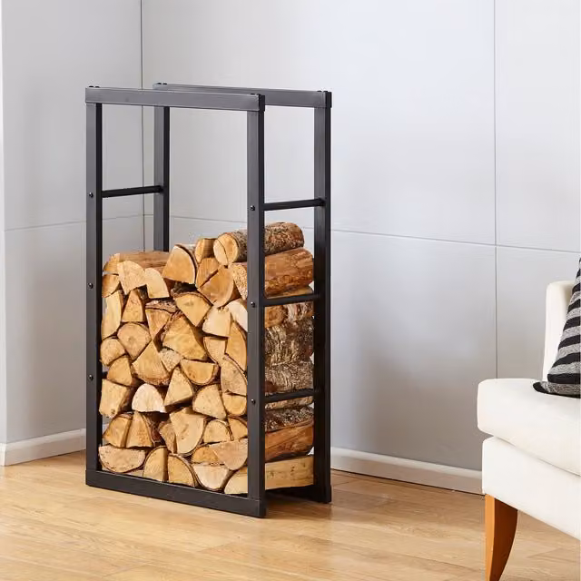Neo Matt Black Metal Firewood Log Rack, W/D/H: 60 x 40 x 25 cm