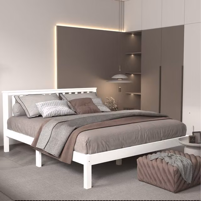 HMD Furniture Solid Wood King Bed Frame in White Lacquered Pine, 180 x 200 cm