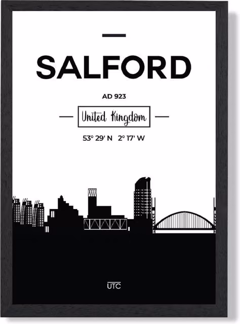 ARTZE Salford Black and White City Skyline Framed Print, A2 Size with Black Frame