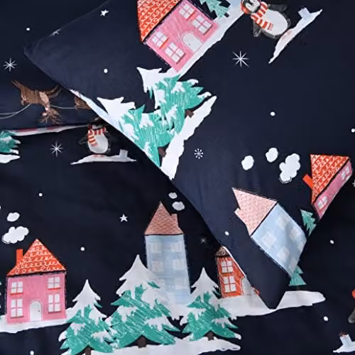 Sleepdown Santa Town Christmas Reversible Polycotton Duvet Cover and Pillowcase Set, Navy, W/D/H: 135 x 200 cm – 4