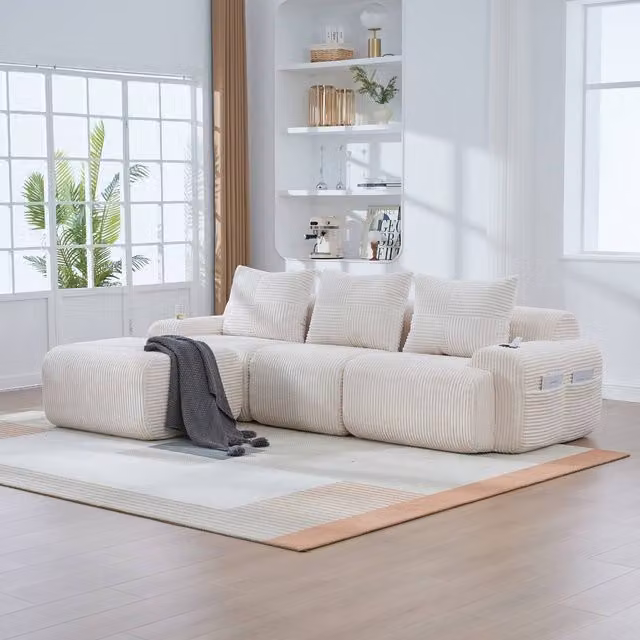 Rolipo Beige 3-Seater Modular Cord Fabric L-Shape Sofa with Matching Ottomans and Cup Holders