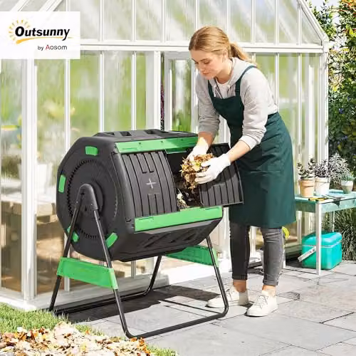 Outsunny Dual Chamber 200L Garden Compost Bin Green and Black BPA Free Outdoor Tumbler – 2