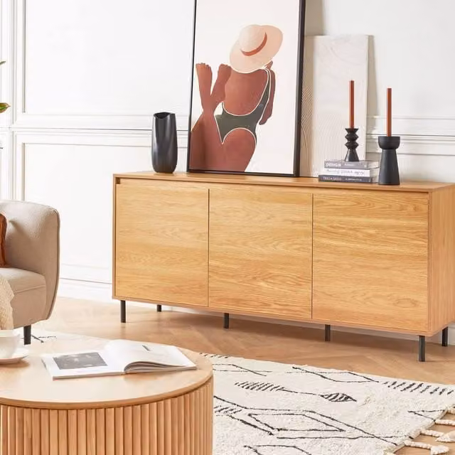 Wyld and Coco Three-Door Modern Sideboard in Brown with Black Metal Legs – 1