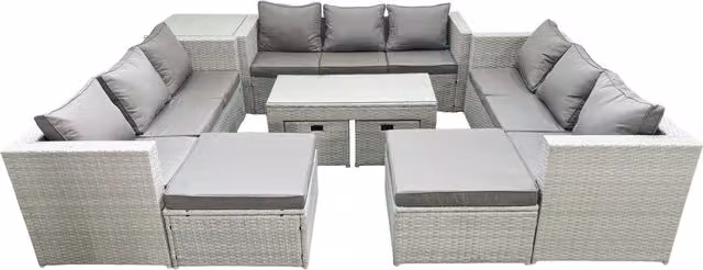 Fimous 13 Seater Rattan Garden Furniture Set in Light Grey with Grey Cushions, Coffee Table and Side Table – 1