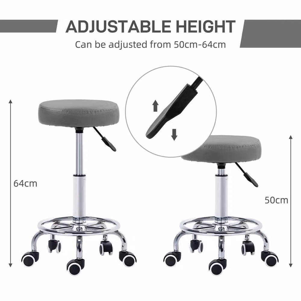 Havendro Round PU Leather Salon Beautician Stool with Adjustable Height and Castors, Grey – 2