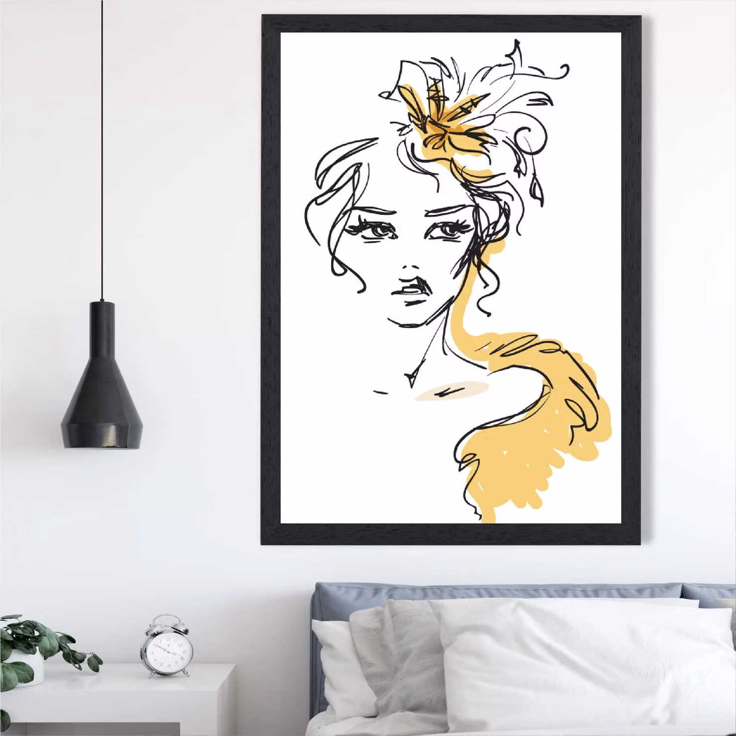 ARTZE Female Fashion Pen and Ink Sketch Framed Print, Yellow and Black, A3 – 2