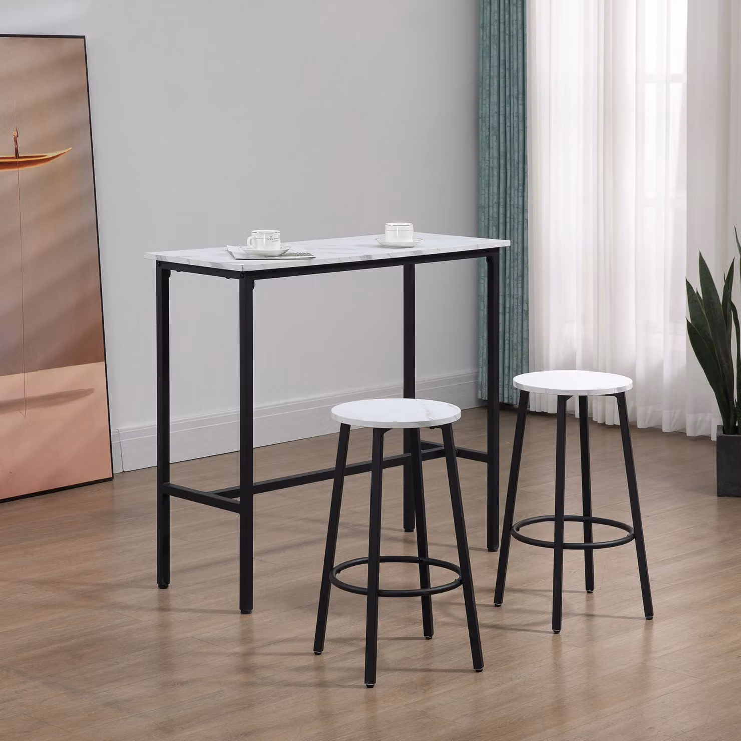 HOMCOM 3 Piece Bar Table and Stool Set in White with Steel Frame and MDF Surfaces – 5