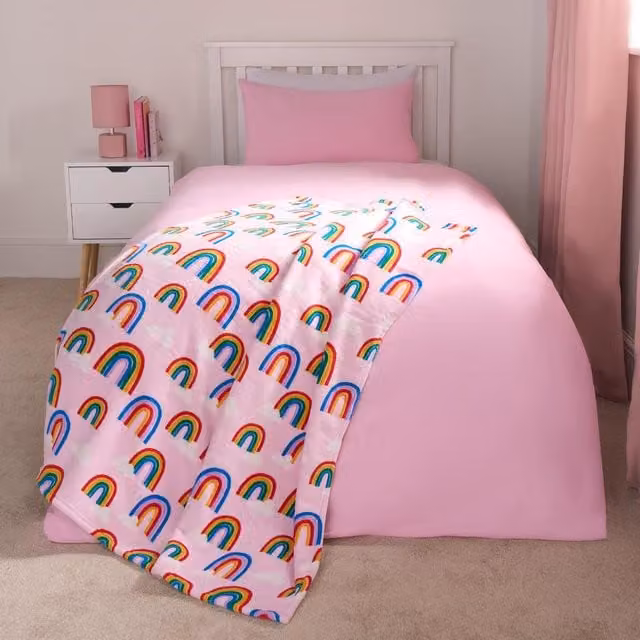 OHS Kids Rainbow Sherpa Fleece Throw in Pink and Multicolour