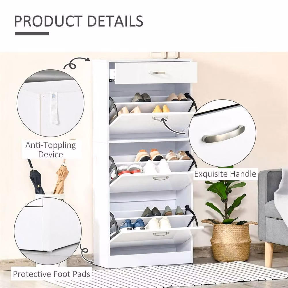 Nordara White High Gloss Modern Shoe Cabinet with Tilting Compartments and Internal Drawers, H 135 x W 62 x D 24 cm – 2