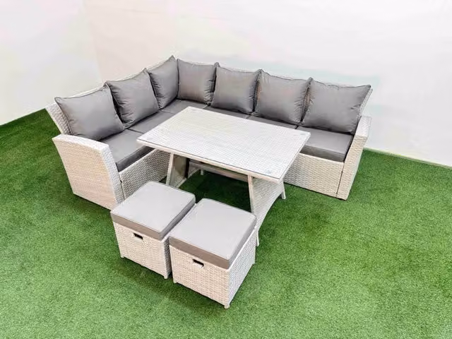 Fimous 8 Seater Outdoor Rattan Furniture Set with 2 Footstools in Light Grey