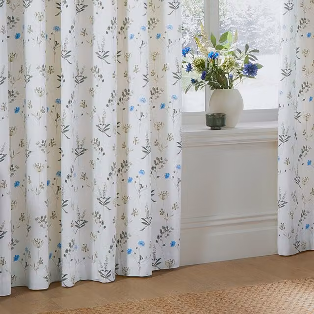 Make It A Home Meadow Floral Cotton Eyelet Curtain Pair in White and Blue, W: 183 cm, H: 229 cm