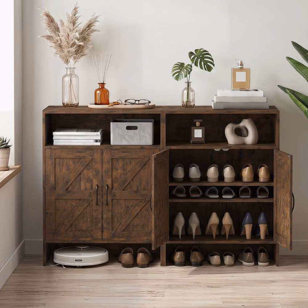 Costway Brown Rustic Wood Shoe Cabinet with 2 Barn Doors and Internal Shelves – 4