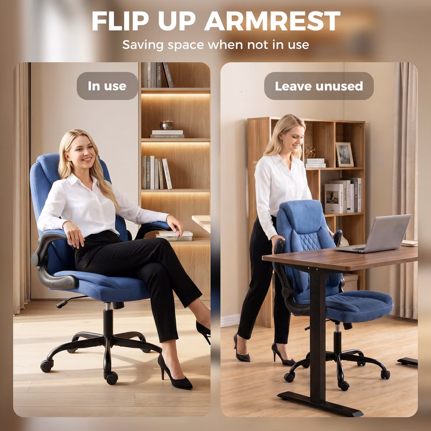 HOMCOM Blue Linen-Look Executive Office Chair with Flip-Up Armrests and Thick Cushion – 6