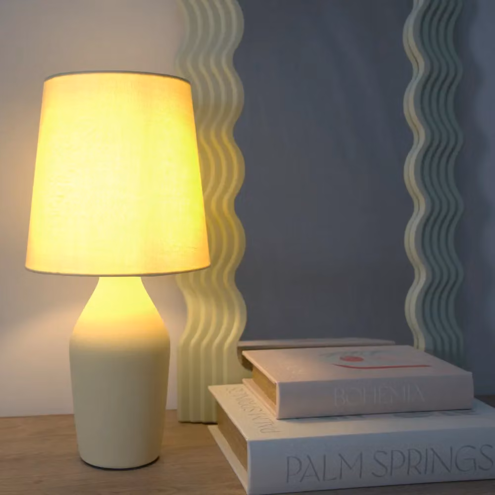 ValueLights Arlo Pair of Compact Ceramic Table Lamps with Fabric Shades in Yellow and Grey – 2