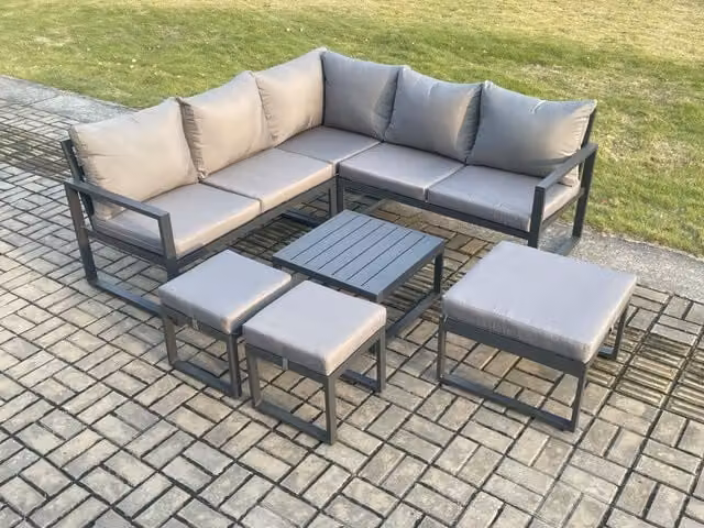 Fimous Dark Grey Aluminium Outdoor Garden Furniture Set with L-Shape Lounge Sofa, Square Coffee Table and 3 Footstools