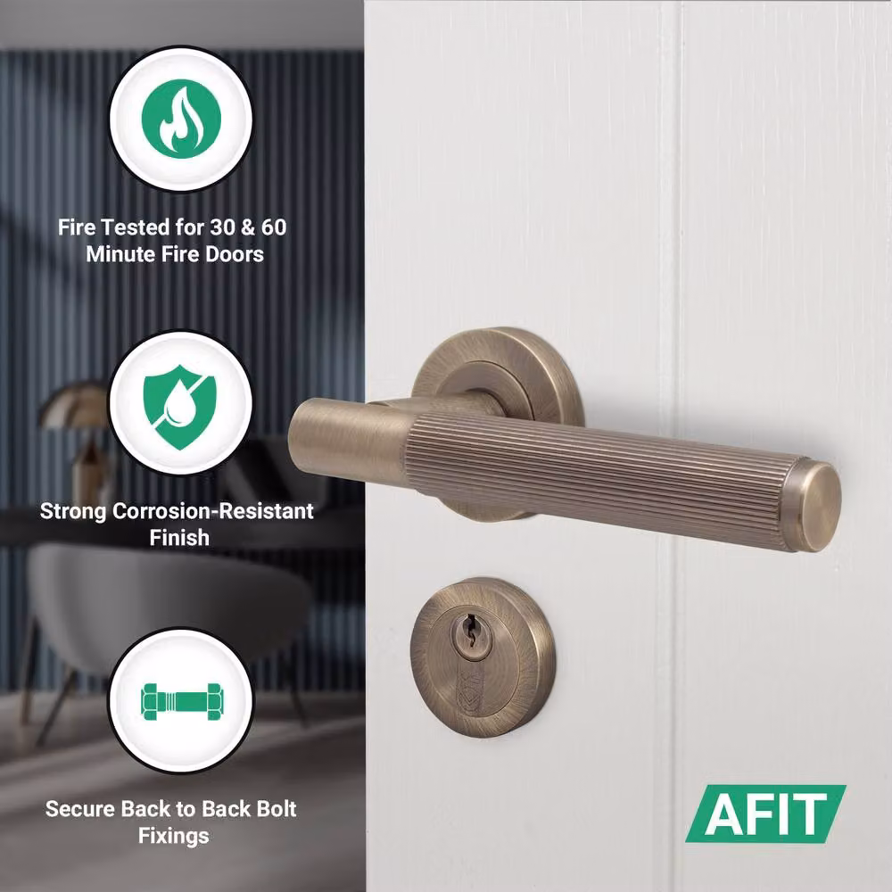 AFIT Antique Brass Fire Door Handle with Euro Lock Thumbturn Cylinder and Hinges in Bronze, 150 x 150 mm – 2