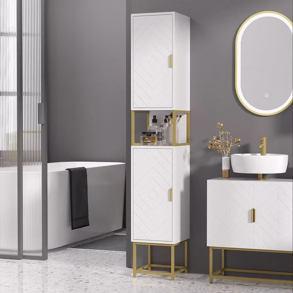 Wyld Haus Kacoel Tall Narrow Bathroom Storage Cabinet in White with Gold Tone Steel Base – 3