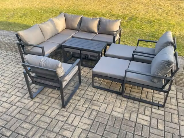 Fimous 12 Seater Aluminium Outdoor Garden Furniture Set in Dark Grey with L-Shape Sofa, Coffee Table and Footstools
