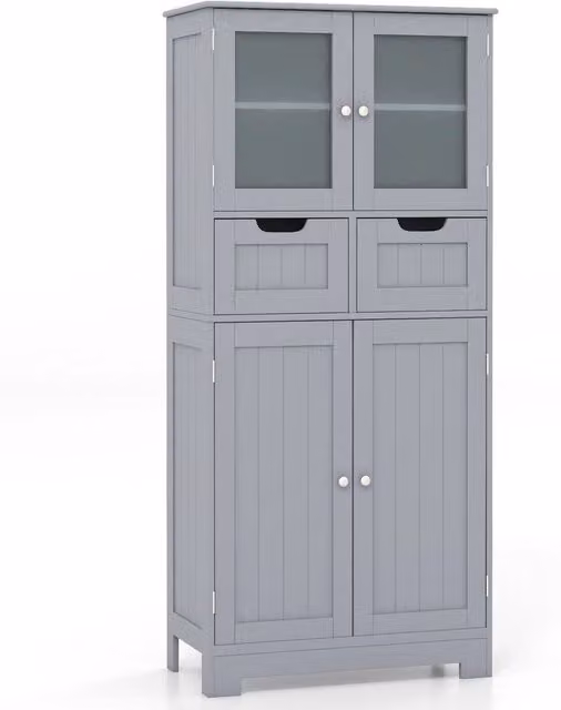 FORGEVIO Grey Tall Freestanding Bathroom Storage Cabinet with Hinged Doors and Internal Shelves – 1