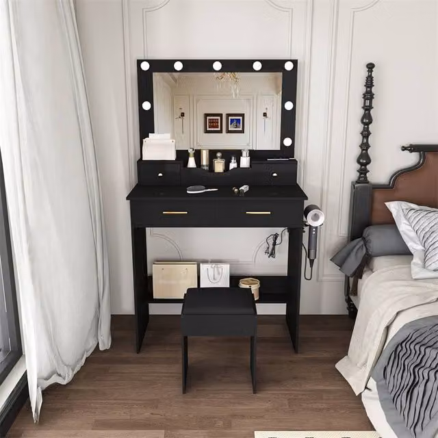 Direct Wicker Hollywood Makeup Vanity with 9-Bulb LED Mirror and Stool in Black