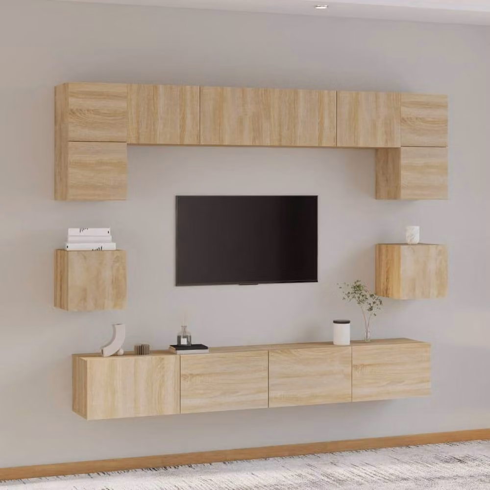 Berkfield Home Classic 8 Piece Wall Mounted TV Cabinet Set in Sonoma Oak and Beige – 1