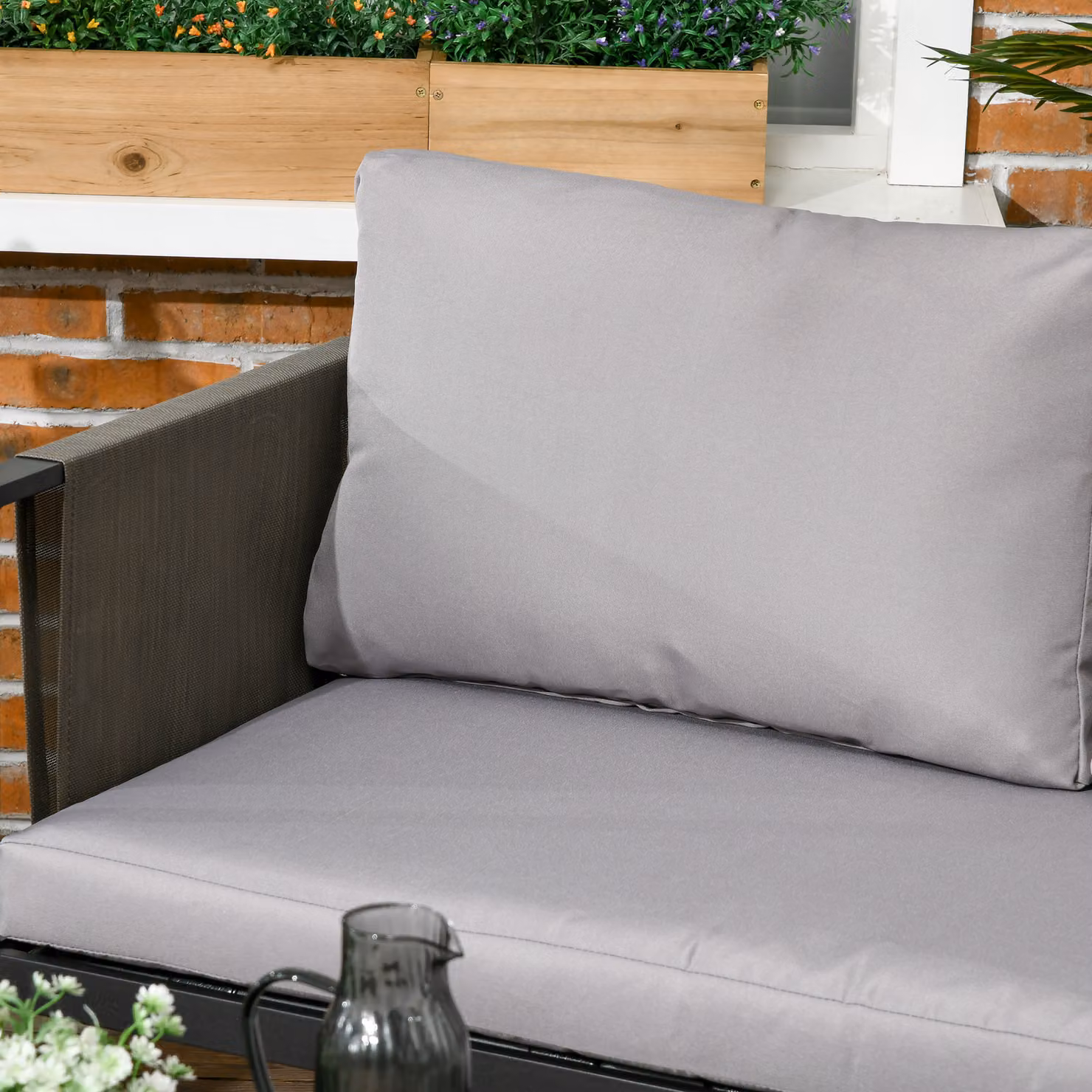 Outsunny 4 Piece Modern Garden Furniture Set in Grey with Powder Coated Steel Frame, Textilene Fabric, Upholstered Cushions and Glass Coffee Table – 7