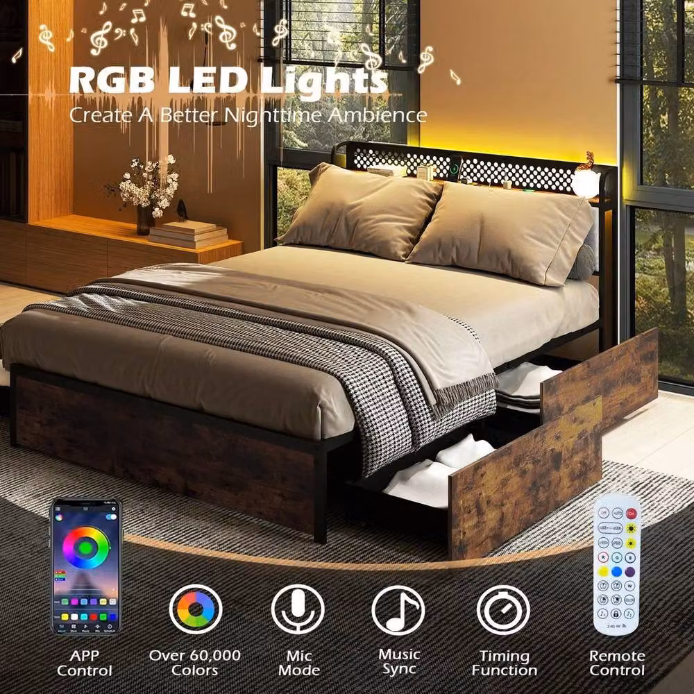 KORVIXA King Size Platform Bed in Brown with LED Under-Bed Lighting, USB Charging Ports, Bedside Shelves and Storage Drawers, 180 x 200 cm – 4