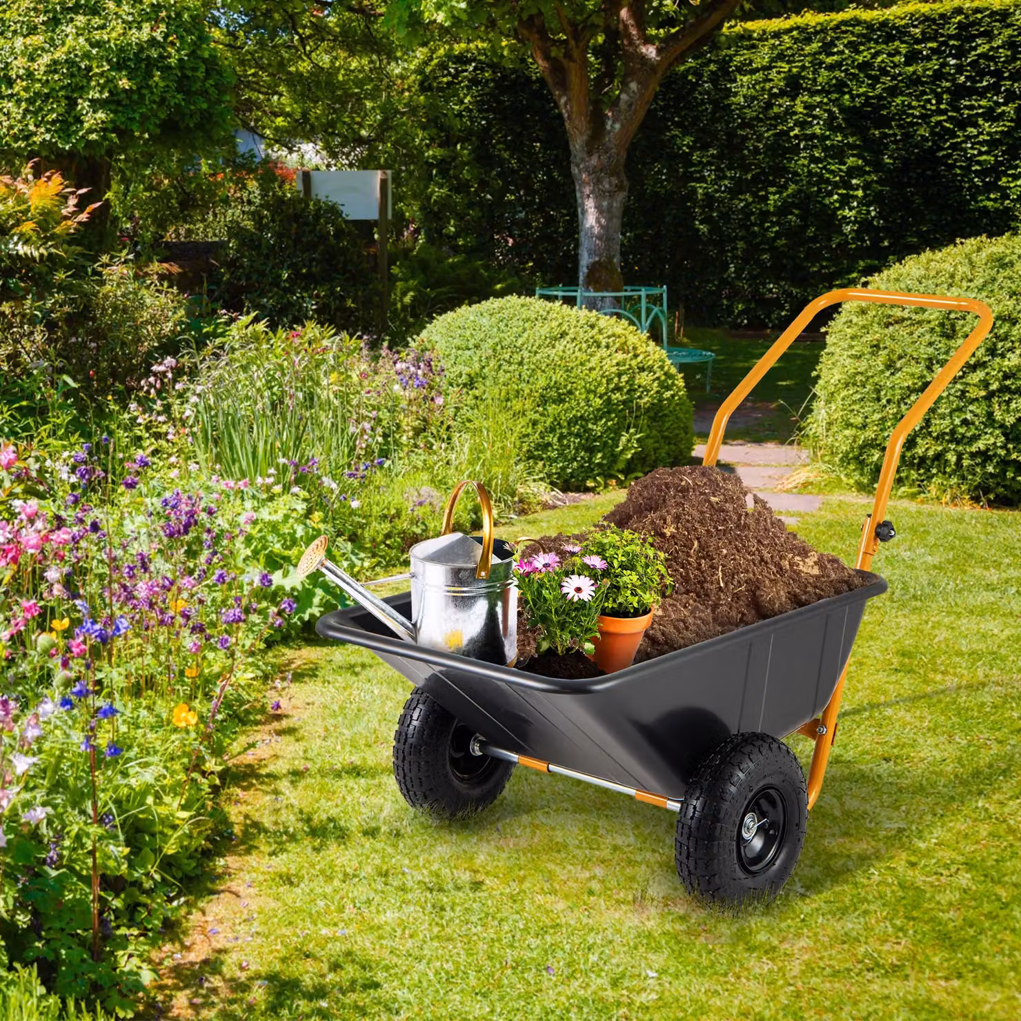 Costway Dual-Wheel Garden Utility Wheelbarrow with Foldable Handle, 80 L, Black – 3