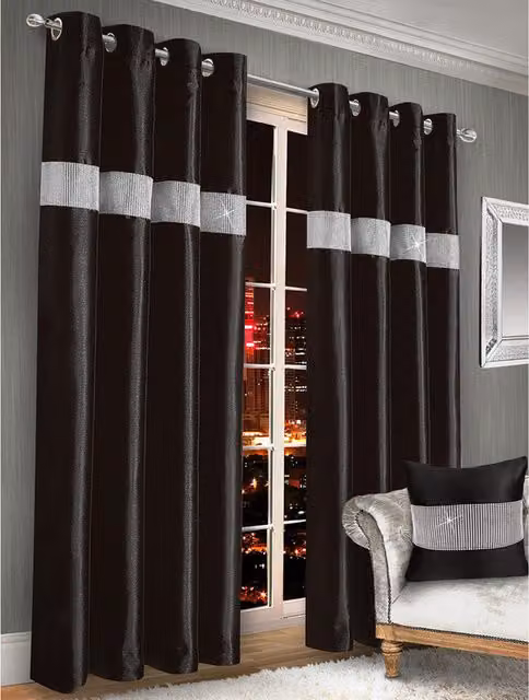 Belleza Black Diamante Fabric Panel Curtain Pair, Rod Pocket, Opaque, Height: 137.16 cm