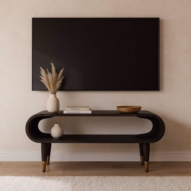 Artisan Furniture Mid-Century Mango Wood Media Unit with Brass Accents in Brown and Black