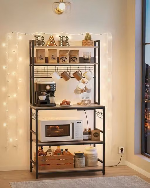 VASAGLE Kitchen Rack with Power Outlet, Hooks and Metal Wire Panel in Fawn