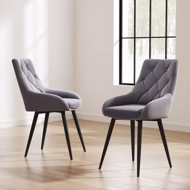 Livingandhome Set of 2 Grey Velvet Upholstered Buttoned Back Dining Chairs