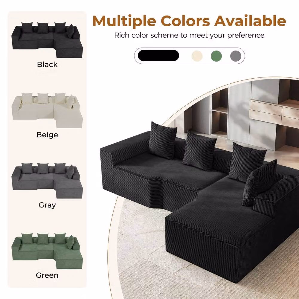 Dprodo Black Corduroy Right L-Shaped Modular Sofa, Width: 320 cm – 6