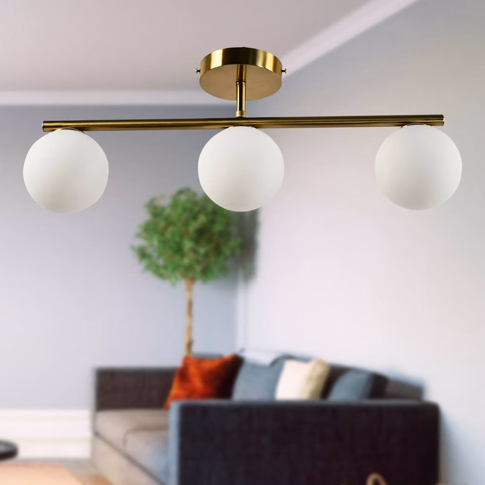 First Choice Lighting Grosvenor 3 Light Bar Ceiling Light in Gold and Brass with White Glass Globes – 3